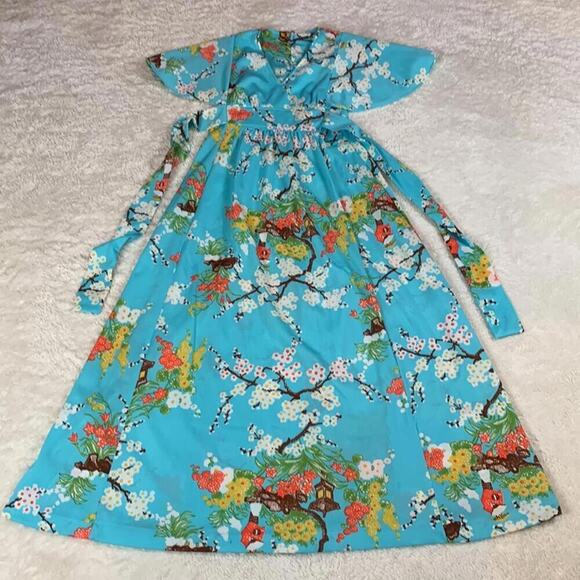 Vintage 70s Union flutter sleeve novelty print Japanese Geisha maxi dress, 10 - Picture 3 of 7